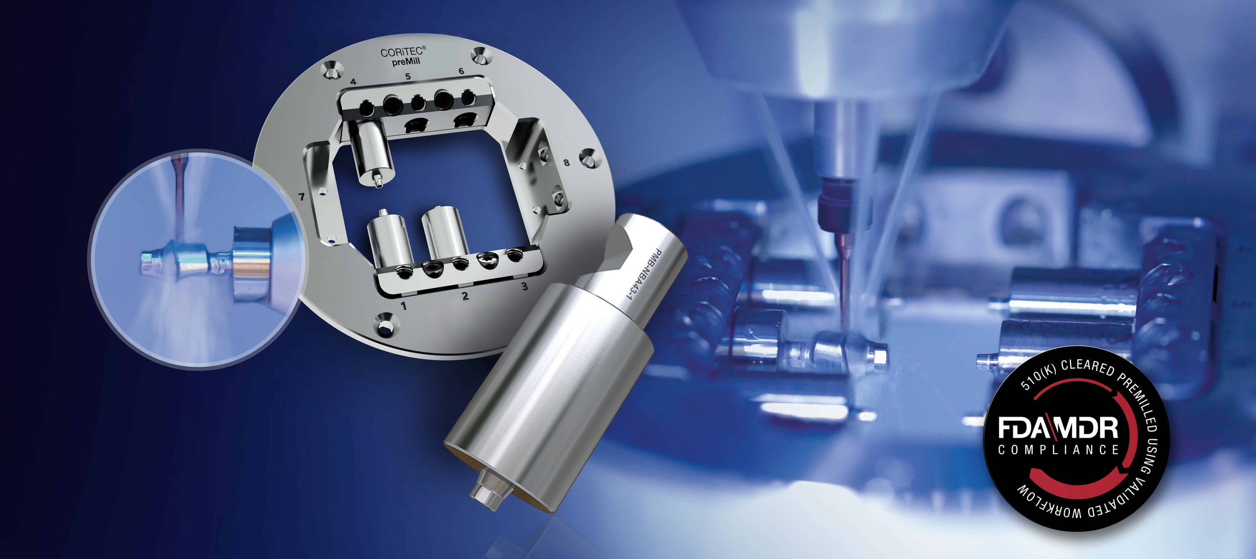 CORiTEC preMill system milling process with 6-fold preMill holder and seal: FDA/MDR compliant