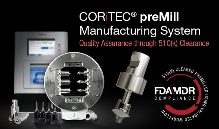 CORiTEC preMill fabrication system with 6-fold holder and fabricated preMill abutment