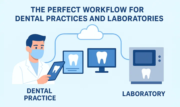 Infografik im flachen Stil, die den digitalen Workflow zwischen Zahnarztpraxen und Labors zeigt, mit Symbolen für intraorales Scannen, CAD/CAM-Design, sicheren Datenaustausch und patientenorientierte Ergebnisse.