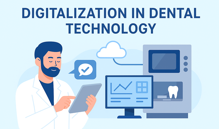 Flat-style illustration showing digitalization in dental technology with icons for dental practice, CAD/CAM design, IT networking, automation, and human-machine interaction connected through a cloud
