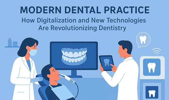 Flache Infografik einer modernen digitalen Zahnarztpraxis, die einen Intraoralscanner, einen 3D-Drucker zur Herstellung von Zahnmodellen, eine KI zur Analyse von Röntgenbildern und einen Patienten in einer virtuellen telemedizinischen Beratung zeigt, die alle über Cloud- und Netzwerksymbole miteinander verbunden sind.
