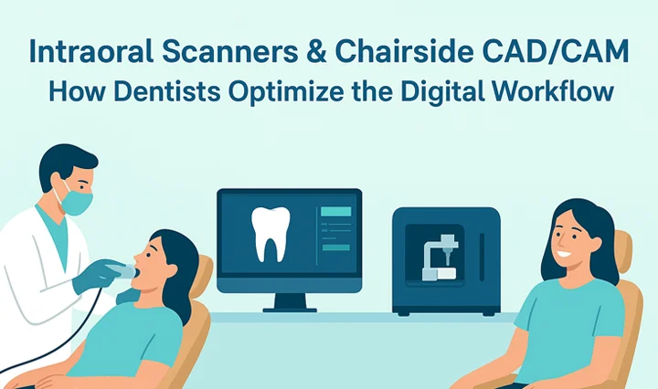 Das Bild zeigt einen Zahnarzt, der die Zähne eines Patienten mit einem intraoralen Scanner scannt. Die Scandaten fließen digital an eine CAD-Workstation, an der eine Krone entworfen wird, und dann an eine kompakte Fräseinheit, die die Restauration herstellt.