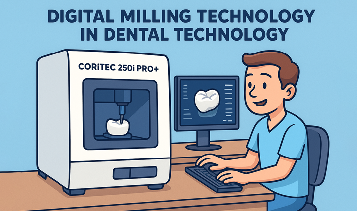Dental technician monitoring the CAD/CAM milling process on screen