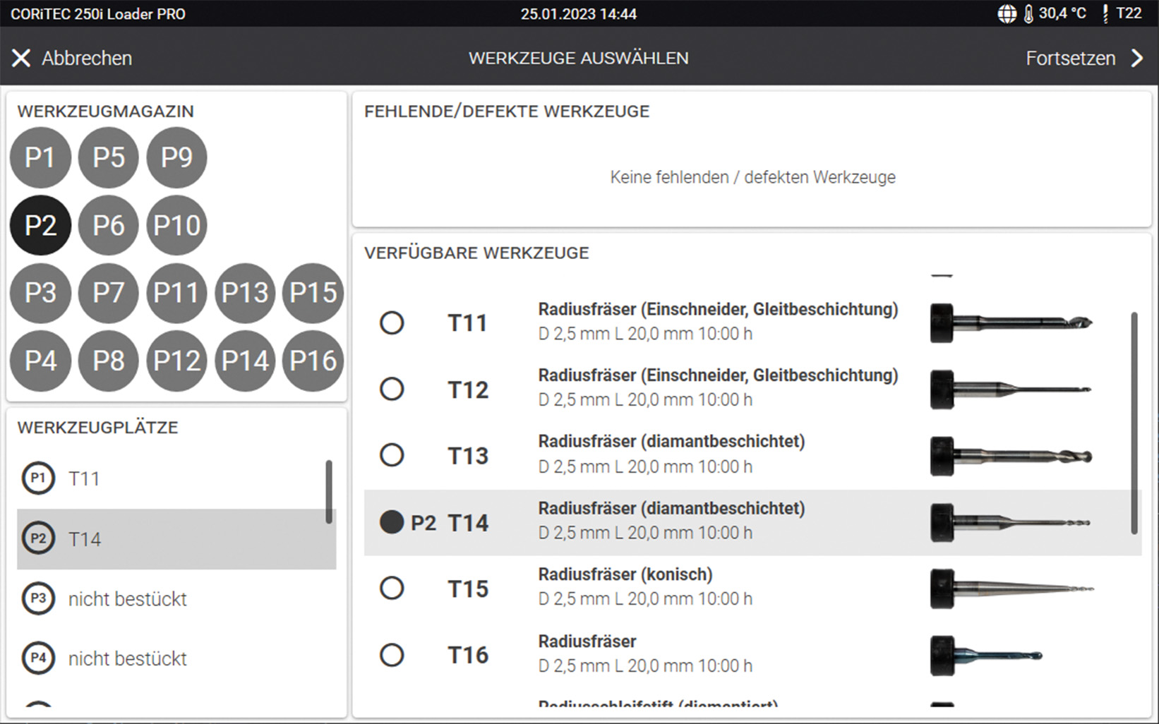 CORiTEC 250i Loader PRO - SmartControl - Werkzeugliste