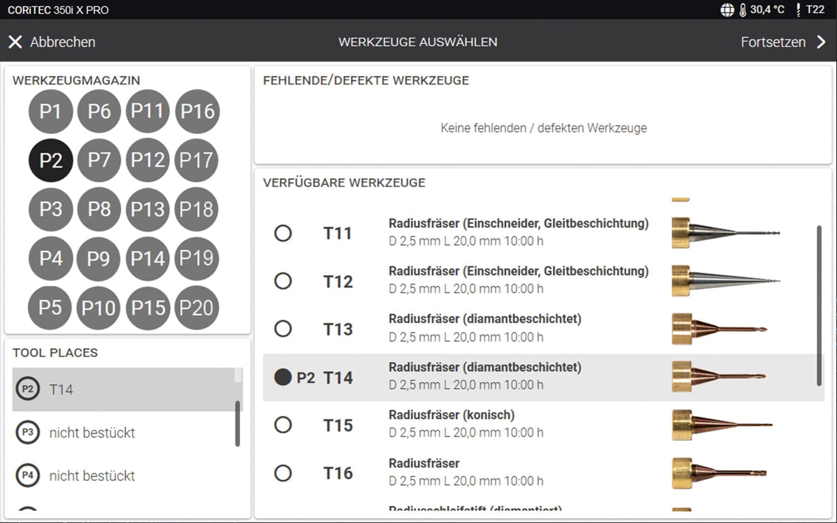 CORiTEC 250i Loader PRO - SmartControl - Werkzeugliste