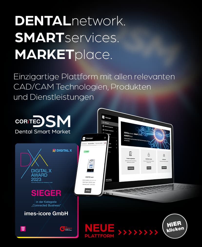 Aufgeklappter Laptop und Handy mit Dental Smart Market Darstellung und Auszeichnung Digital X Award