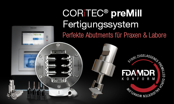 CORiTEC preMill Fertigungssystem mit 6-fach Halter und gefertigtem preMill Abutment